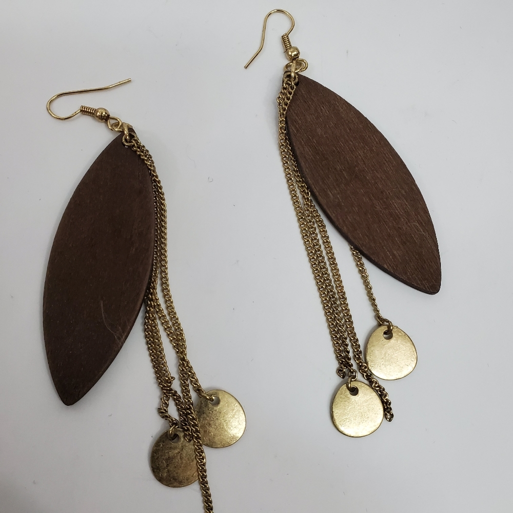 Wood & Gold Tone Dangle Earrings - Picture 1 of 5